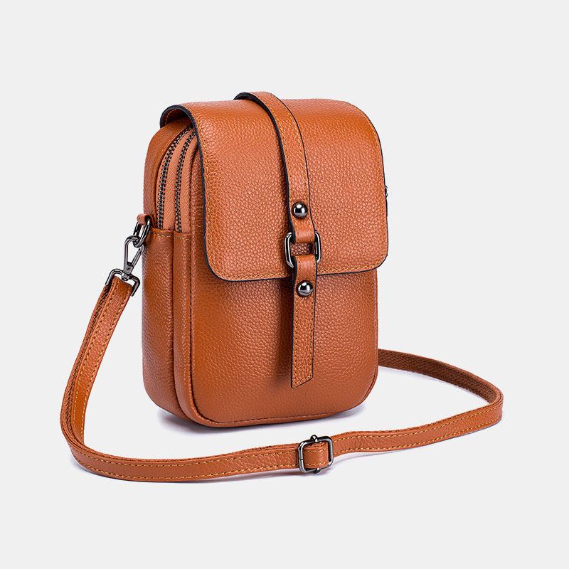 Kvinder Ægte Læder Casual Retro Multi-layers Øretelefonhul 6.5 Tommer Telefontaske Crossbody Taske