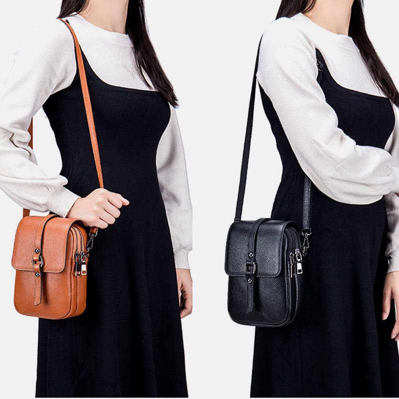 Kvinder Ægte Læder Casual Retro Multi-layers Øretelefonhul 6.5 Tommer Telefontaske Crossbody Taske