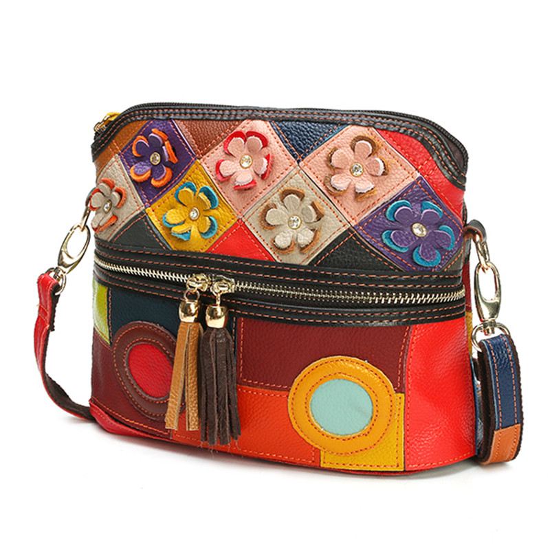 Kvinder Ægte Læder Floral Crossbody Taske Vintage Taske