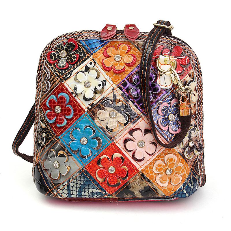 Kvinder Ægte Læder Patchwork Floral Crossbody Taske