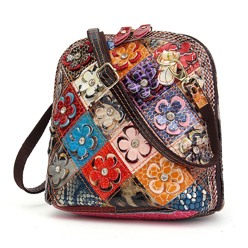 Kvinder Ægte Læder Patchwork Floral Crossbody Taske