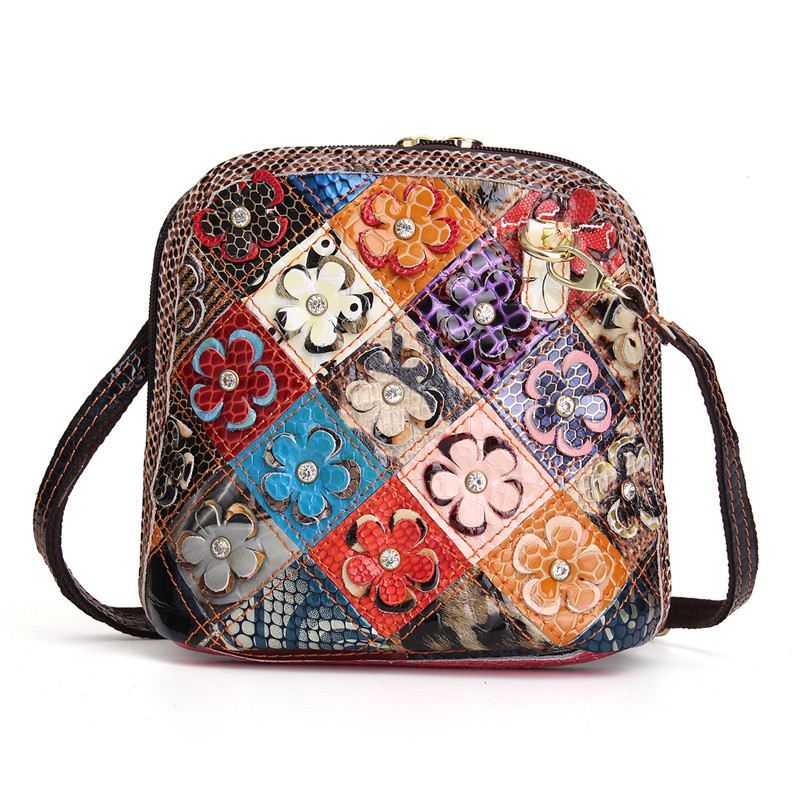 Kvinder Ægte Læder Patchwork Floral Crossbody Taske