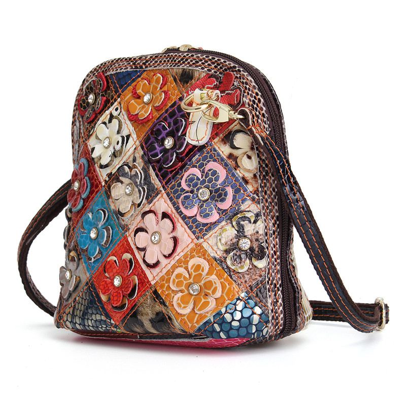 Kvinder Ægte Læder Patchwork Floral Crossbody Taske