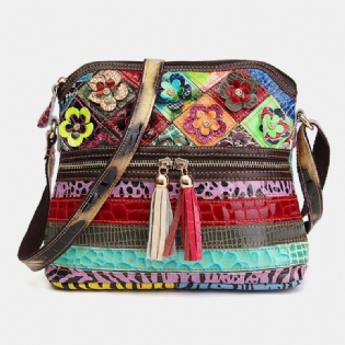 Kvinder Blomster Vintage Ægte Læder Crossbody Taske Piger Afslappet Skuldertaske