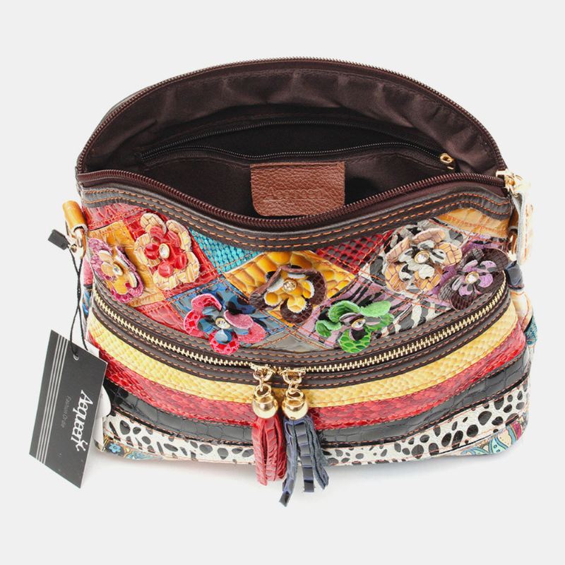 Kvinder Blomster Vintage Ægte Læder Crossbody Taske Piger Afslappet Skuldertaske