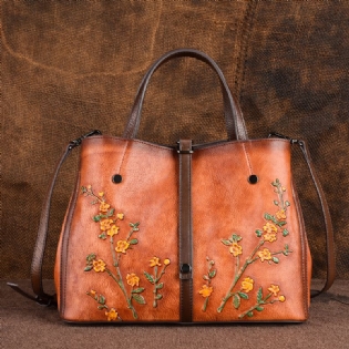 Kvinder Blomstermønster Præget Vegetabilsk Garvet Læder Crossbody Tasker Retro Stor Kapacitet Ægte Læder Skuldertaske Håndtaske