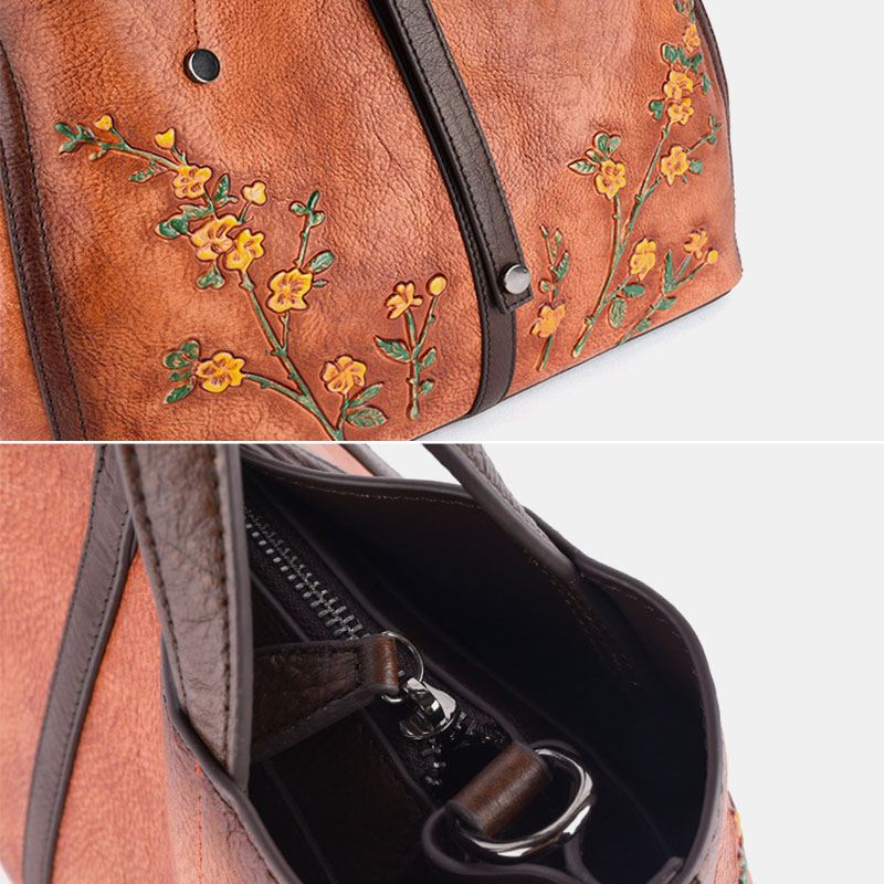 Kvinder Blomstermønster Præget Vegetabilsk Garvet Læder Crossbody Tasker Retro Stor Kapacitet Ægte Læder Skuldertaske Håndtaske