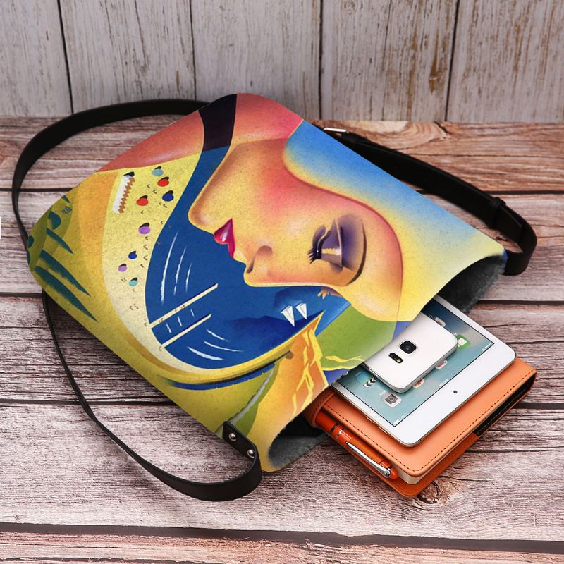 Kvinder Filt Kunst Maleri Tegneserie Figur Med Tryk Personlighed Crossbody Taske Skuldertaske