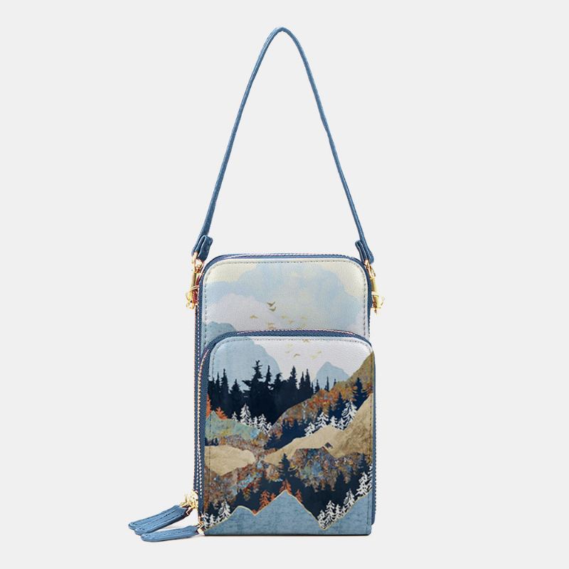 Kvinder Imiteret Læder Dame Mountain Treetop Med Tryk Taske 6.3 Tommer Telefontaske Crossbody Taske