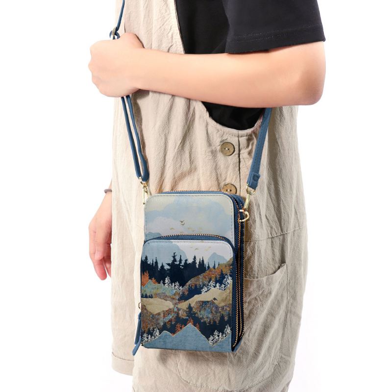 Kvinder Imiteret Læder Dame Mountain Treetop Med Tryk Taske 6.3 Tommer Telefontaske Crossbody Taske