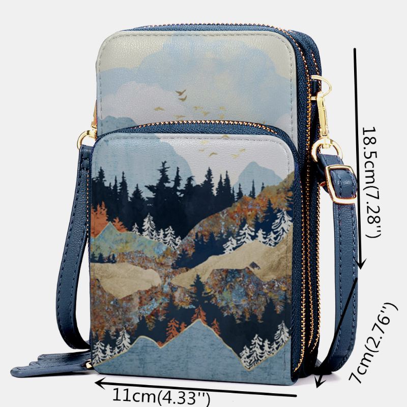 Kvinder Imiteret Læder Dame Mountain Treetop Med Tryk Taske 6.3 Tommer Telefontaske Crossbody Taske