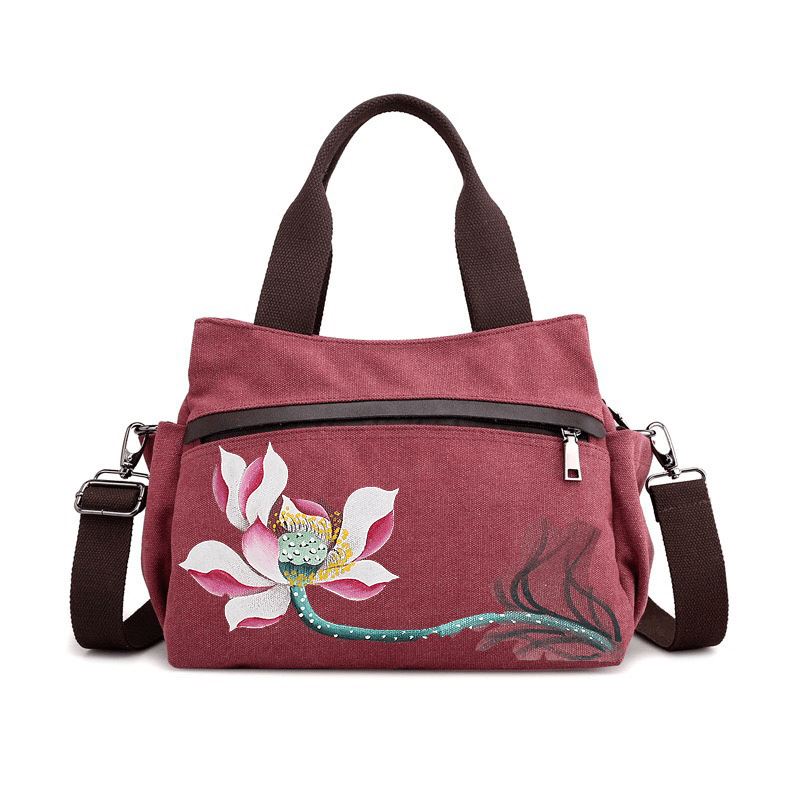 Kvinder Lotus Canvas Håndtaske Kinesisk Crossbody Taske