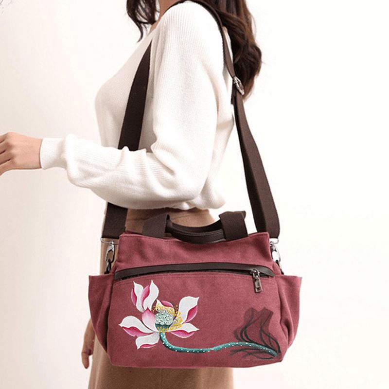 Kvinder Lotus Canvas Håndtaske Kinesisk Crossbody Taske