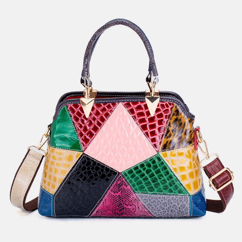 Kvinder Olievoks Ægte Læder Patchwork Håndtaske Crossbody Taske Skuldertaske