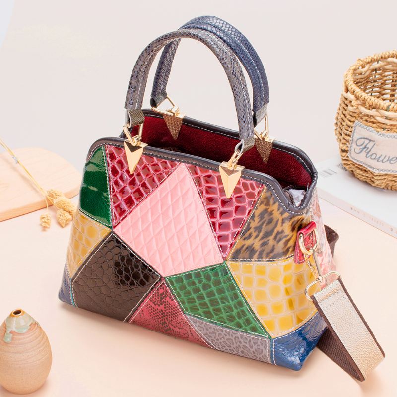 Kvinder Olievoks Ægte Læder Patchwork Håndtaske Crossbody Taske Skuldertaske