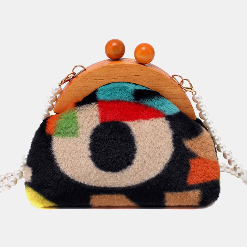 Kvinder Plys Tie-dye Patchwork Pearl Chain Skuldertaske Crossbody-taske