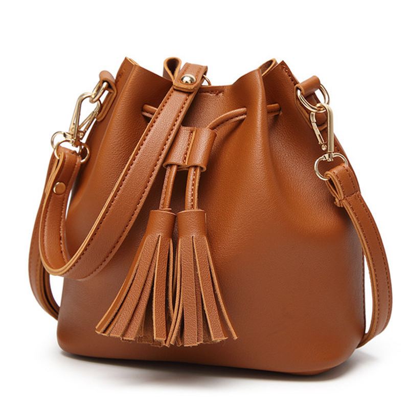 Kvinder Pu Læder Snøre Bucket Bags Retro Tassel Skuldertasker Crossbody Tasker