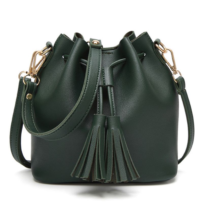 Kvinder Pu Læder Snøre Bucket Bags Retro Tassel Skuldertasker Crossbody Tasker