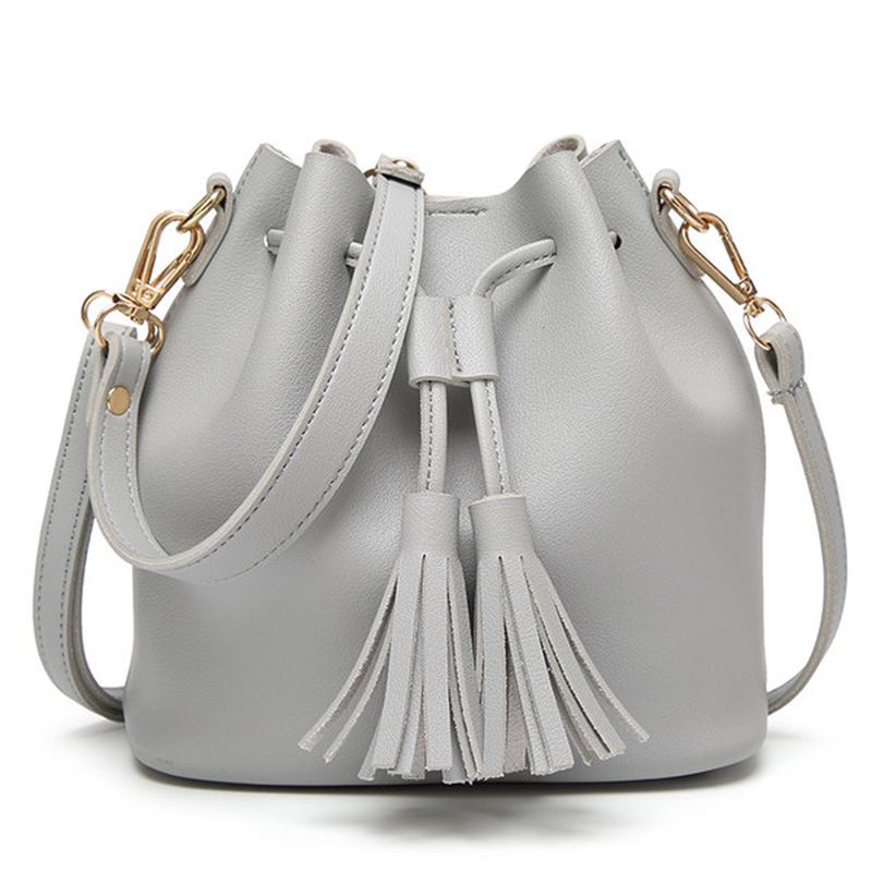 Kvinder Pu Læder Snøre Bucket Bags Retro Tassel Skuldertasker Crossbody Tasker