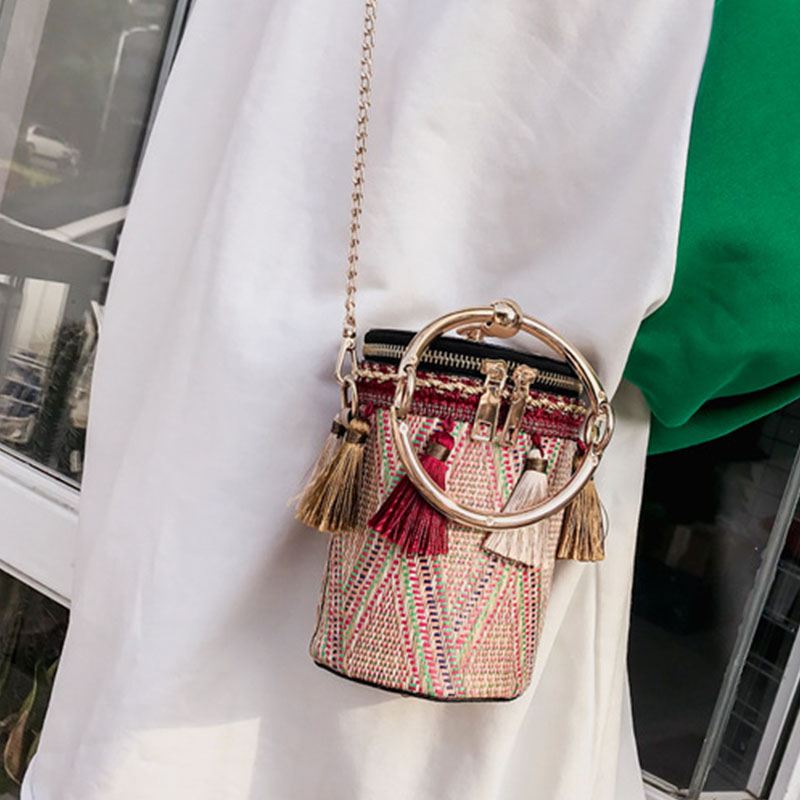 Kvinder Sommer Kvast Cha Straw Håndtaske Crossbody Bag Skuldertaske