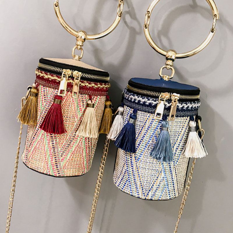 Kvinder Sommer Kvast Cha Straw Håndtaske Crossbody Bag Skuldertaske