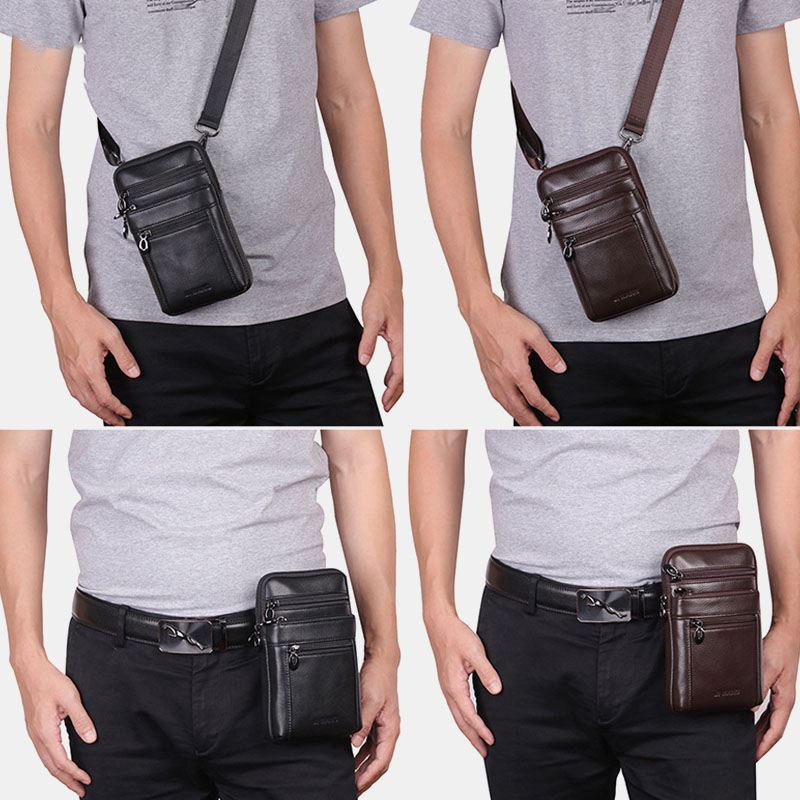 Mænd Ægte Læder 7 Tommer Telefontaske Taljetaske Bæltetaske Skuldertaske Crossbody-taske