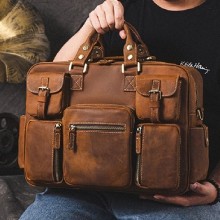 Mænd Ægte Læder Aftagelig Rem Stor Multi-lomme 15.6 Tommer Bærbar Taske Briefcase Messenger Bag Crossbody Tasker