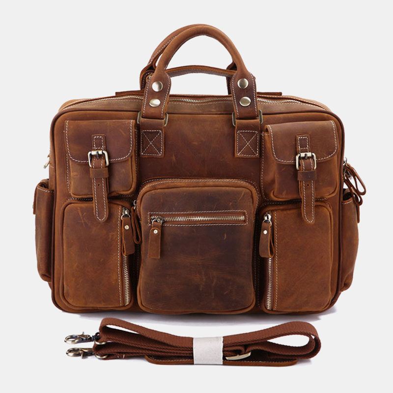 Mænd Ægte Læder Aftagelig Rem Stor Multi-lomme 15.6 Tommer Bærbar Taske Briefcase Messenger Bag Crossbody Tasker