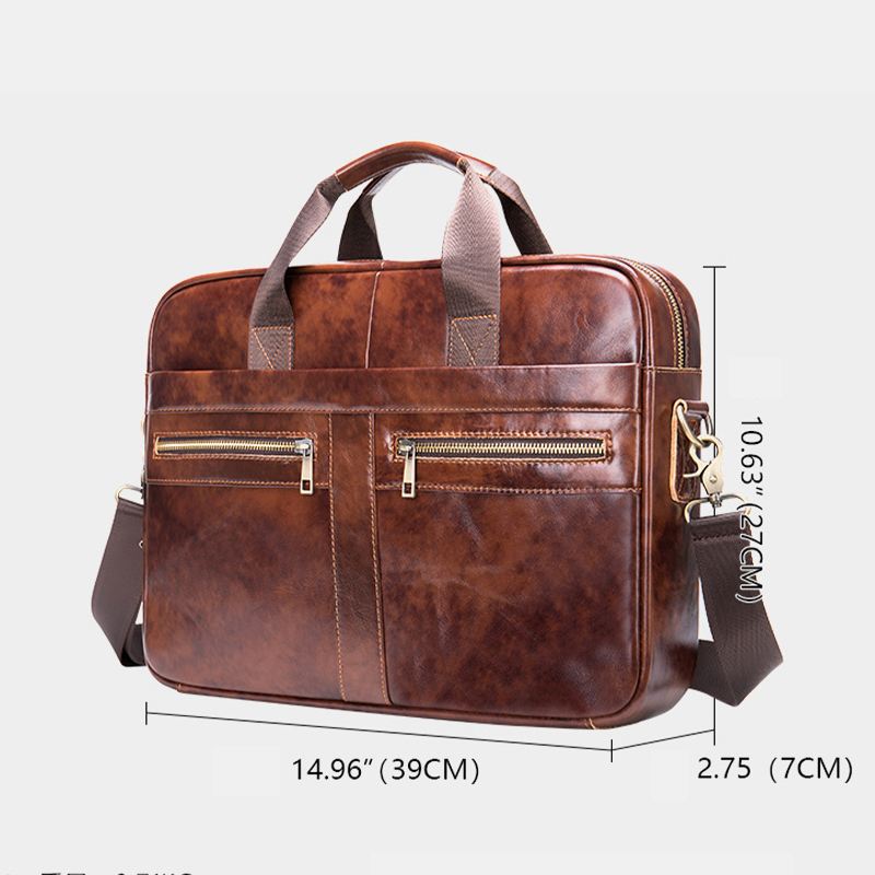 Mænd Ægte Læder Multi-lomme 14 Tommer Bærbar Taske Dokumentmappe Business Håndtaske Crossbody Taske