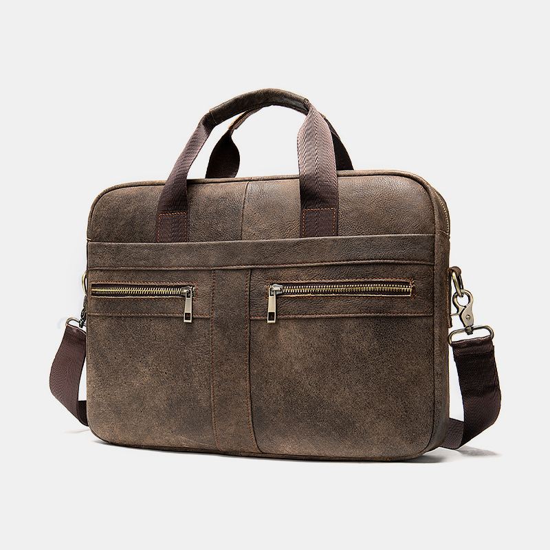 Mænd Ægte Læder Multi-lomme 14 Tommer Bærbar Taske Dokumentmappe Business Håndtaske Crossbody Taske