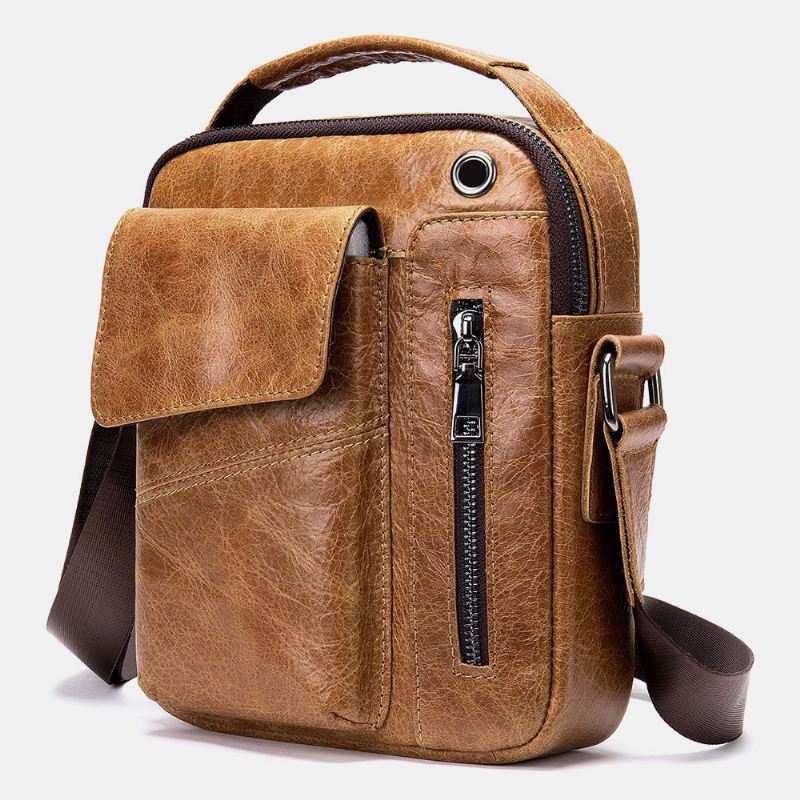 Mænd Ægte Læder Multi-lommer Øretelefon Hul Vintage Vandtætte Crossbody Tasker Skuldertasker