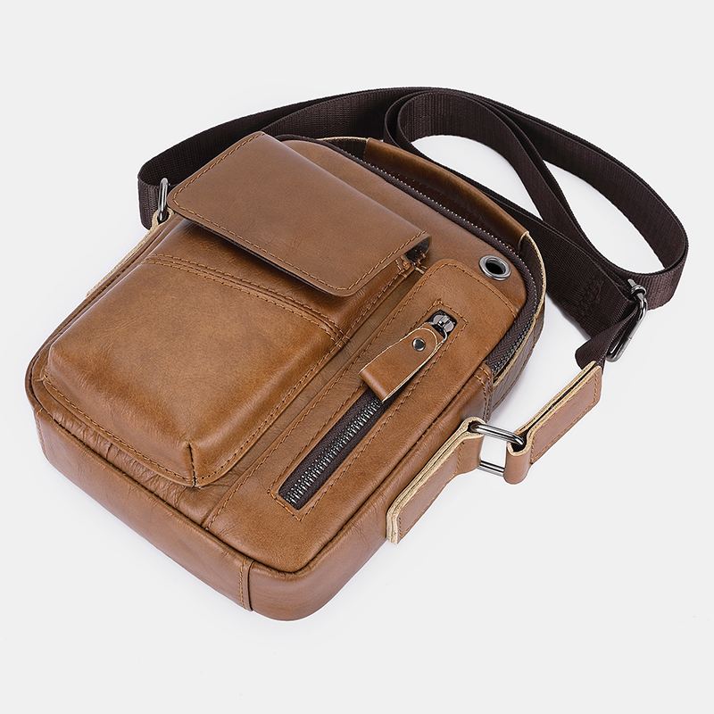 Mænd Ægte Læder Multi-pocket Hovedtelefon Hul Vintage 6.5 Tommer Telefontaske Crossbody Taske Skuldertaske Messenger Dokumentmappe