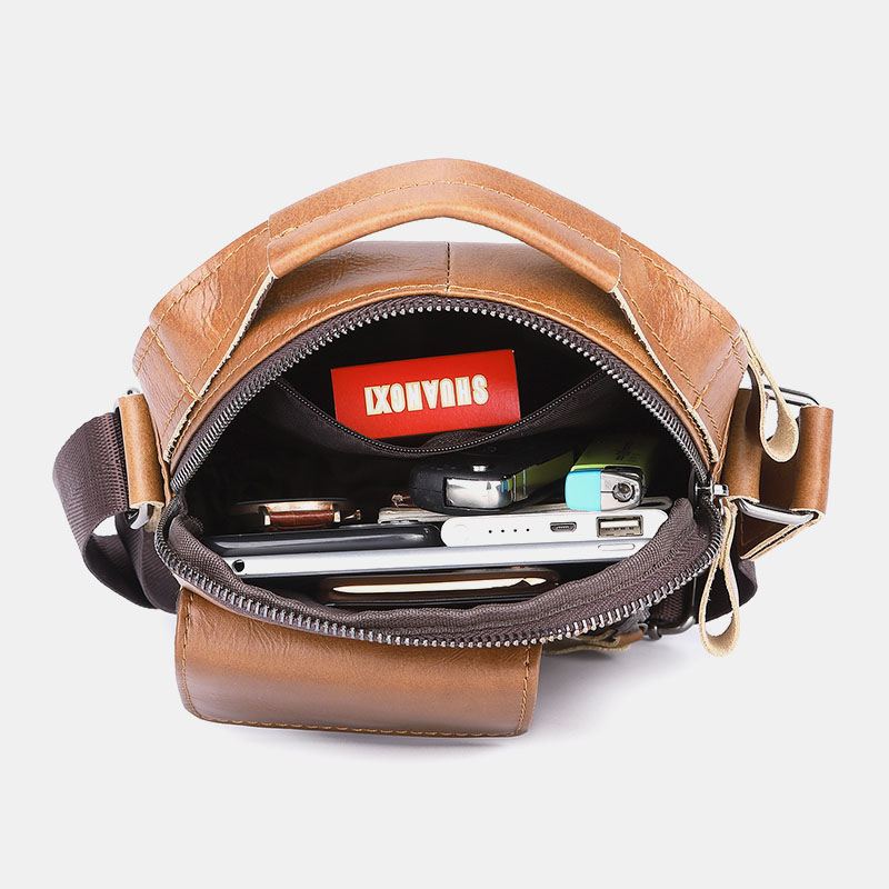 Mænd Ægte Læder Multi-pocket Hovedtelefon Hul Vintage 6.5 Tommer Telefontaske Crossbody Taske Skuldertaske Messenger Dokumentmappe