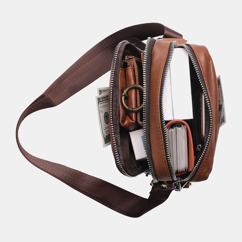 Mænd Ægte Læder Multi-pocket Hovedtelefon Hul Vintage 6.5 Tommer Telefontaske Crossbody Taske Skuldertaske Messenger Dokumentmappe