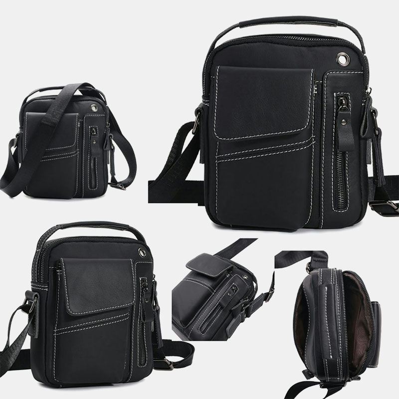 Mænd Ægte Læder Multi-pocket Hovedtelefon Hul Vintage 6.5 Tommer Telefontaske Crossbody Taske Skuldertaske Messenger Dokumentmappe