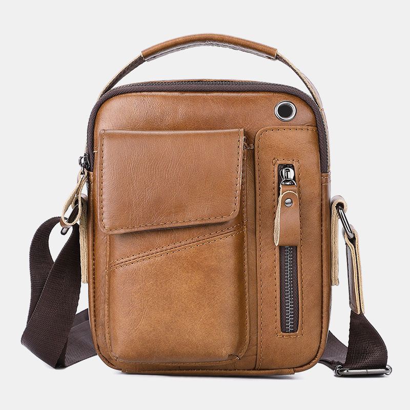 Mænd Ægte Læder Multi-pocket Hovedtelefon Hul Vintage 6.5 Tommer Telefontaske Crossbody Taske Skuldertaske Messenger Dokumentmappe