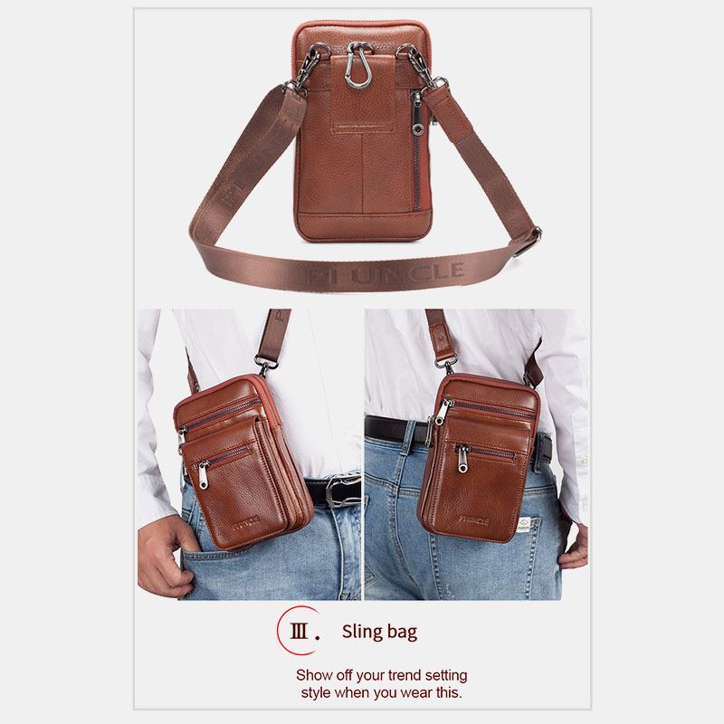 Mænd Ægte Læder Okselæder Multi-bære Retro 7.2 Tommer Telefon Crossbody Taske Hængende Bælte Taske Taljetaske