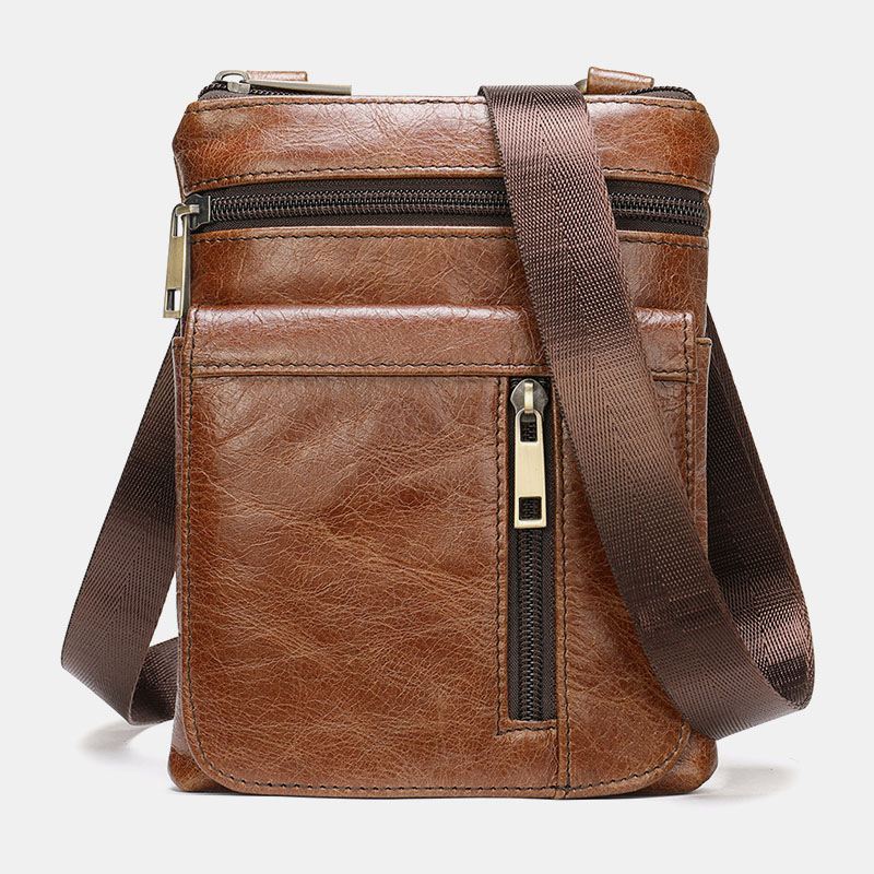 Mænd Ægte Læder Retro Business Ensfarvet Læder Lynlås Crossbody Taske Skuldertaske