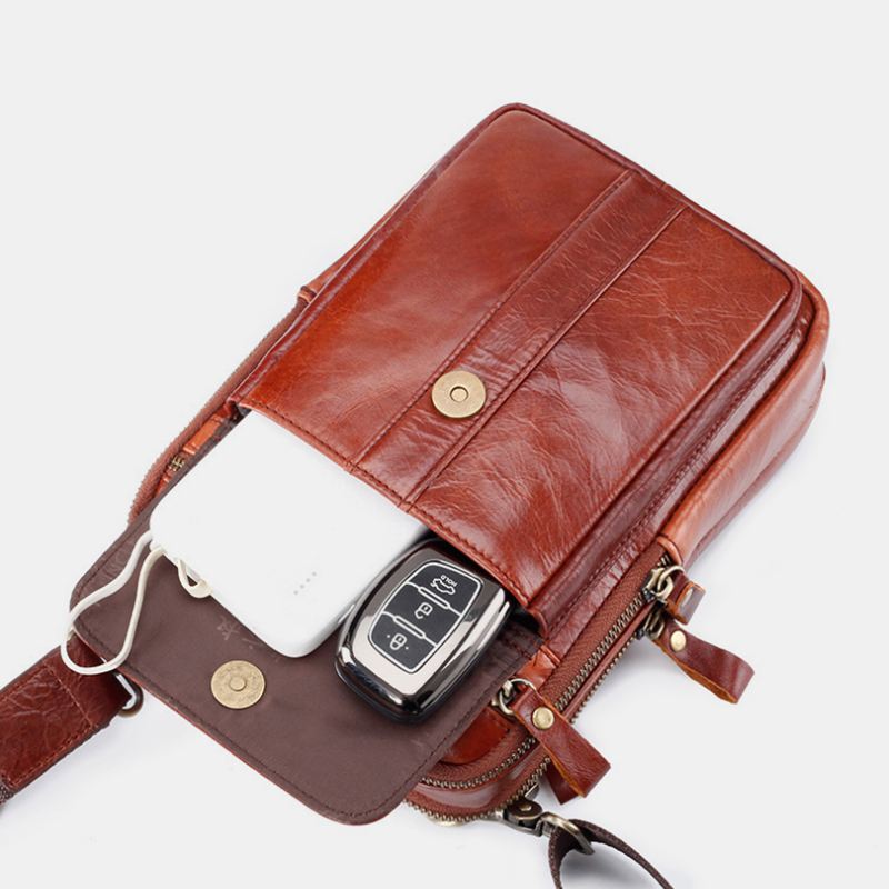 Mænd Ægte Læder Retro Business Multi-function Brysttaske Skuldertaske Cross Body Bag