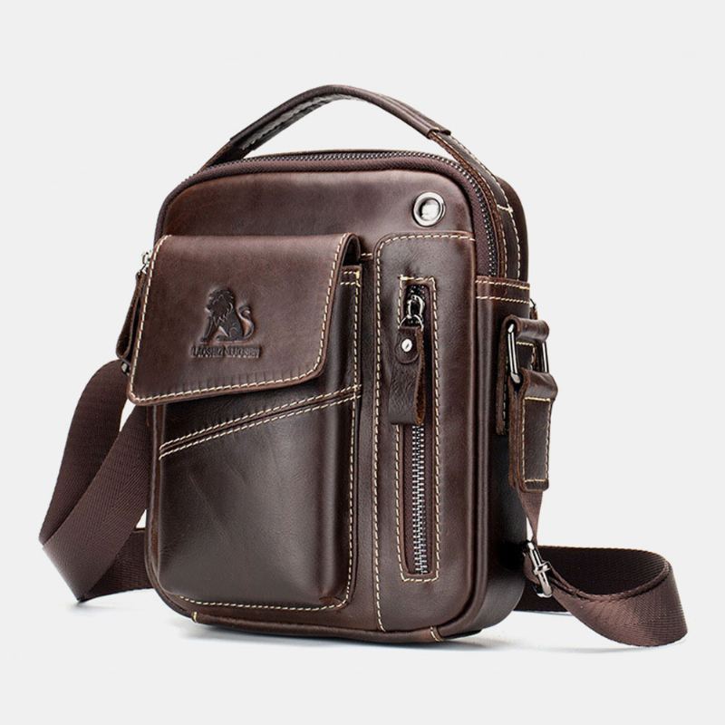 Mænd Ægte Læder Slidfast Hovedtelefonhul Multi-pocket Vintage Crossbody Taske Skuldertaske