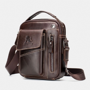 Mænd Ægte Læder Slidfast Hovedtelefonhul Multi-pocket Vintage Crossbody Taske Skuldertaske