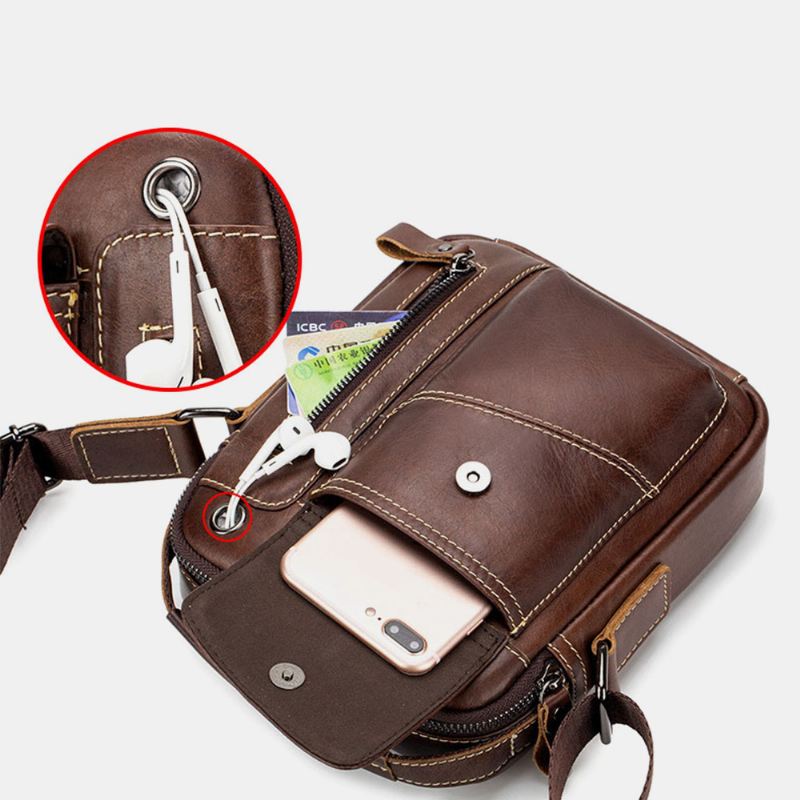 Mænd Ægte Læder Slidfast Hovedtelefonhul Multi-pocket Vintage Crossbody Taske Skuldertaske