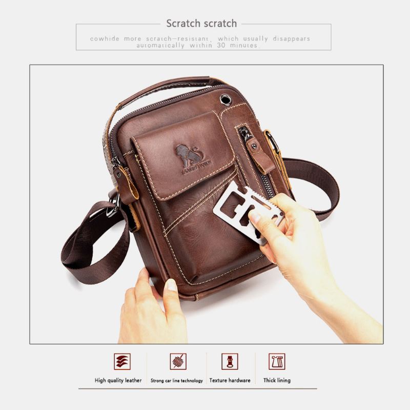 Mænd Ægte Læder Slidfast Hovedtelefonhul Multi-pocket Vintage Crossbody Taske Skuldertaske