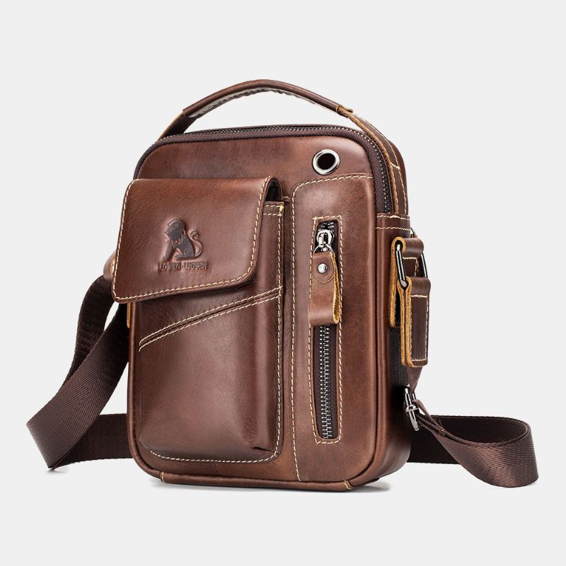 Mænd Ægte Læder Slidfast Hovedtelefonhul Multi-pocket Vintage Crossbody Taske Skuldertaske