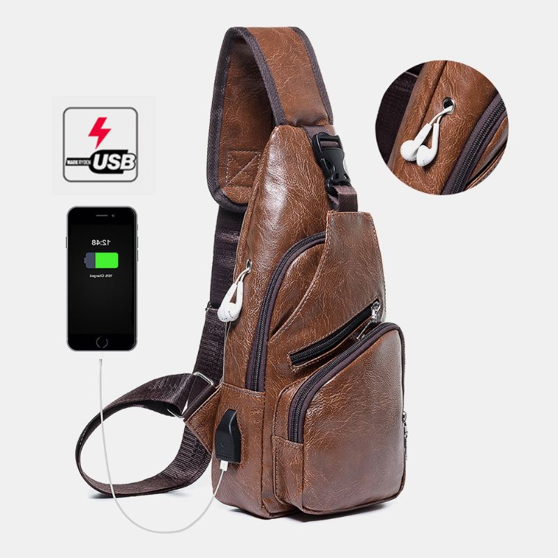 Mænd Casual Modstandsdygtig Vandtæt Anti-tyveri Brysttaske Hovedtelefonhul Usb-opladningsport Design Multi-pocket Travel Daypack Skuldertaske