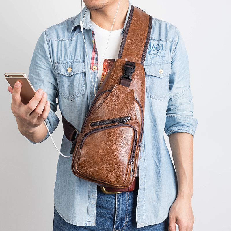 Mænd Casual Modstandsdygtig Vandtæt Anti-tyveri Brysttaske Hovedtelefonhul Usb-opladningsport Design Multi-pocket Travel Daypack Skuldertaske