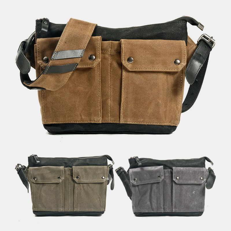 Mænd Casual Slid-resistent Vandtæt Lærred Dokumentmappe Multi-pocket Color Kontrast Crossbody Skuldertaske