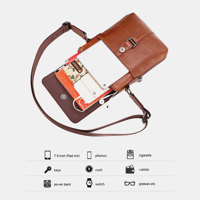 Mænd First Layer Koskind Multi-lommer Anti-theft Crossbody Skuldertaske Retro 7.9 Tommer Ipad Taske