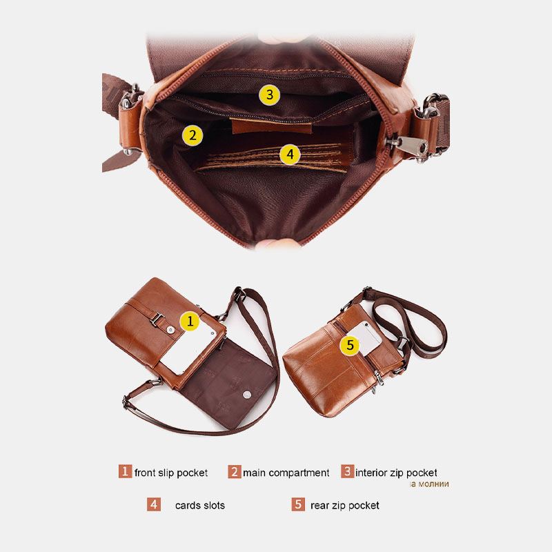 Mænd First Layer Koskind Multi-lommer Anti-theft Crossbody Skuldertaske Retro 7.9 Tommer Ipad Taske