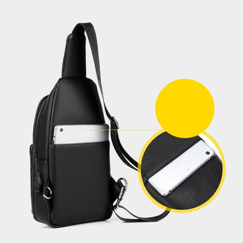 Mænd Imiteret Læder Mode Brysttaske Skuldertaske Crossbody Taske Med Usb-opladningsport